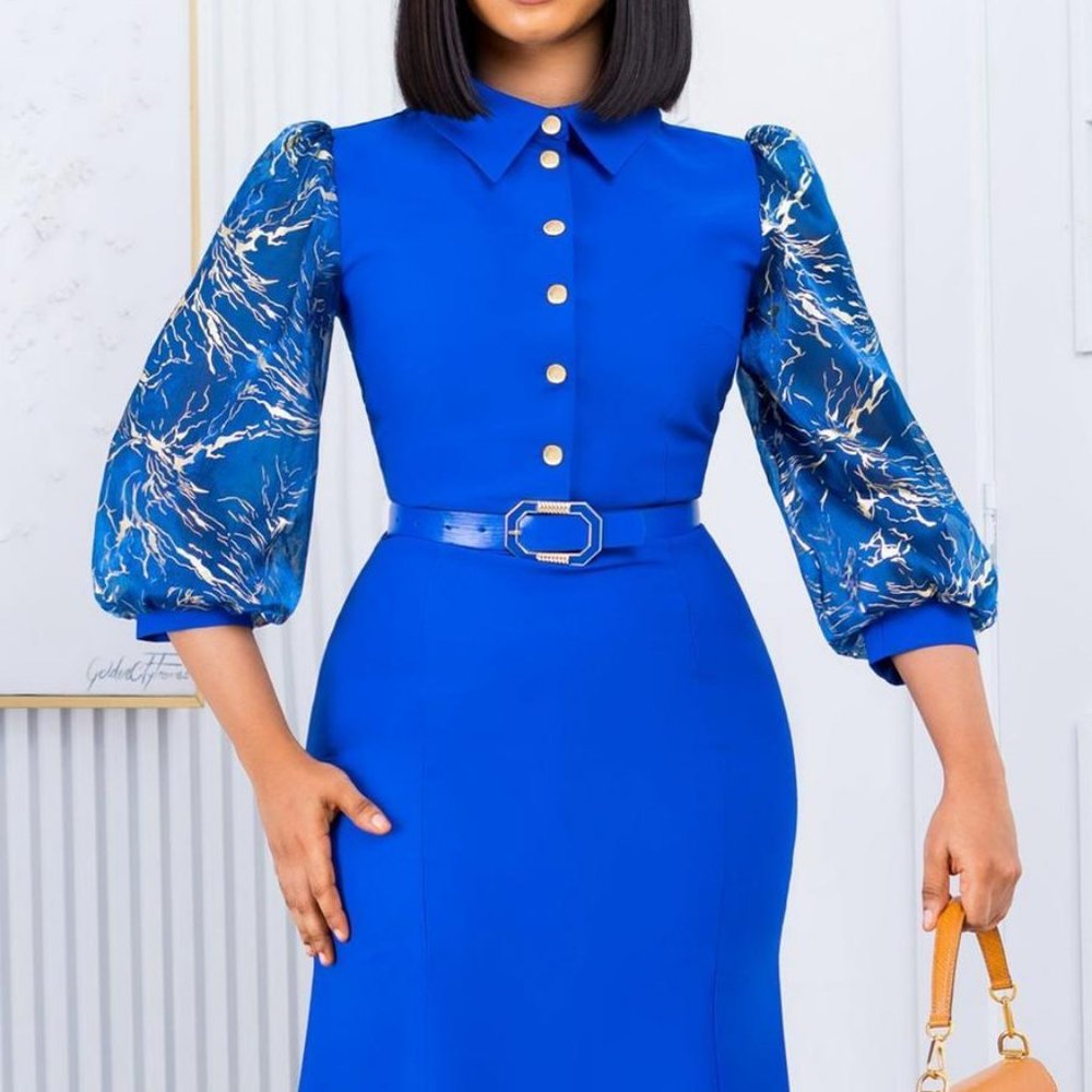 Casual plus size slight stretch batch printing lapel with belt midi dress NWOT